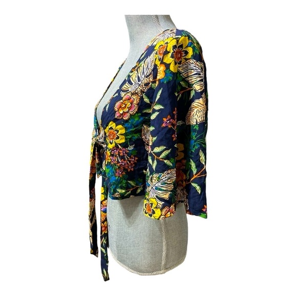 New Look Floral Tie-Front Crop Top Boho Kimono Sleeve Navy Multicolor Size M - Picture 2 of 8